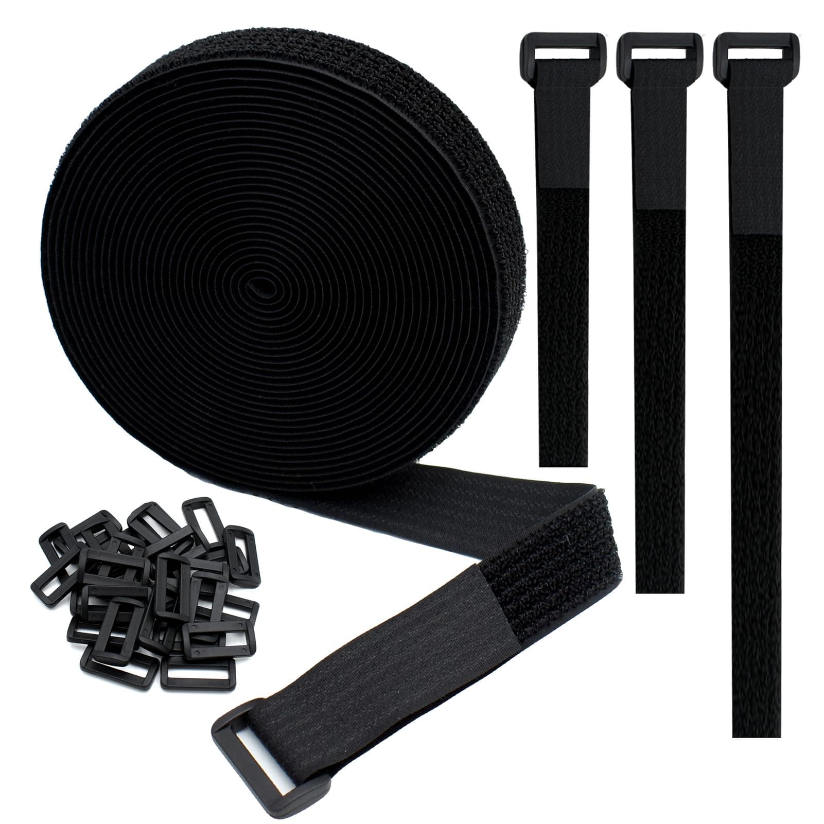 1"x20FT Hook and Loop Straps, with 30 Plastic Buckles, Adjustable Fastening Cable Straps, Cut-to-Length Cinch Strap, Reusable Nylon Securing Cord Ties for Organizer or Storage - Black