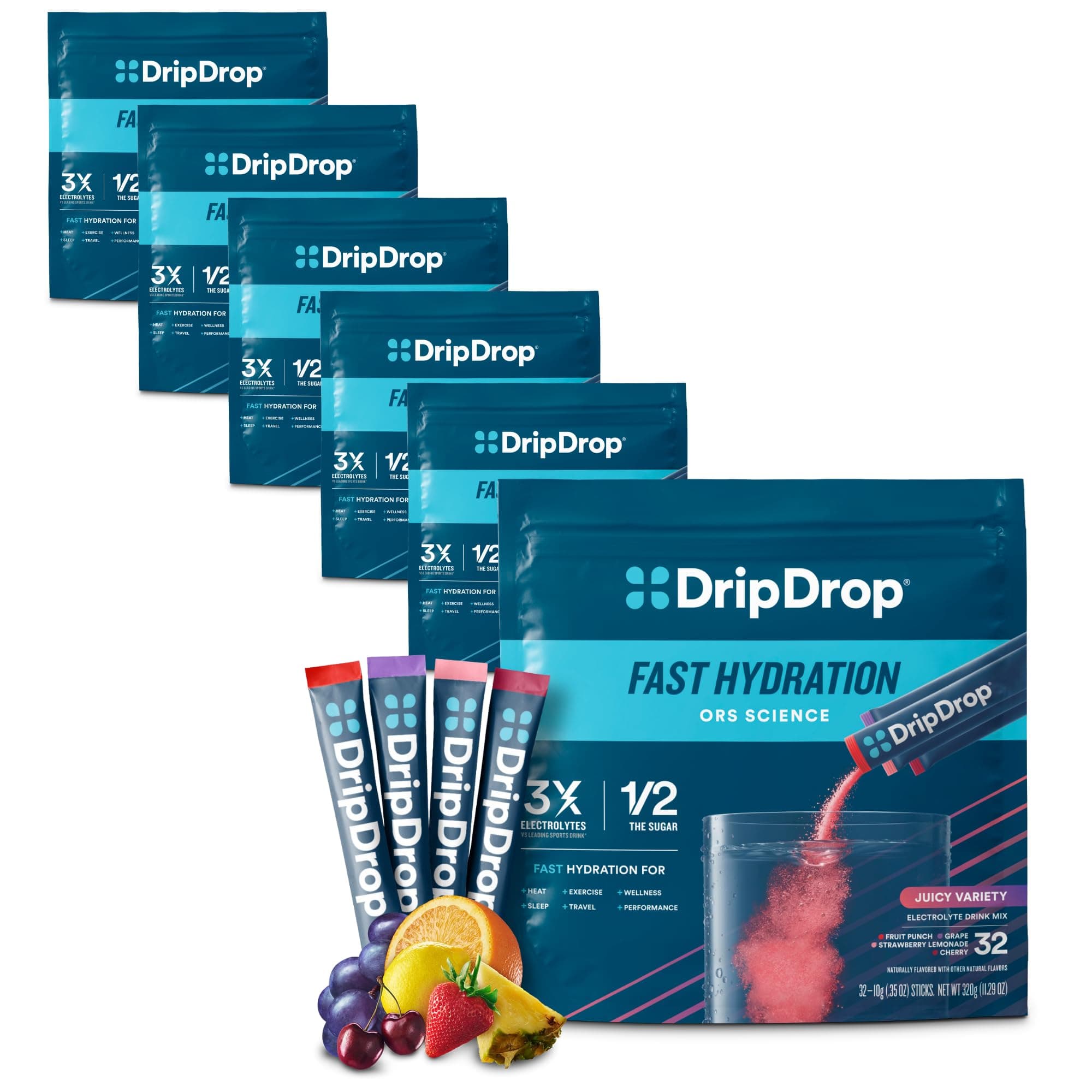 DripDrop Hydration Juicy Variety Pack Electrolyte Drink Mix Single-Serve Powder Packets- Grape, Fruit Punch, Strawberry Lemonade, Cherry- 192 Servings