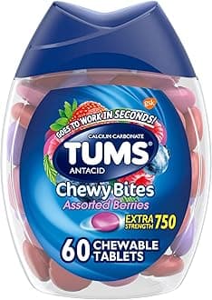 TUMS Chewy Bites Antacid Tablets for Chewable Heartburn Relief and Acid Indigestion Relief, Assorted Berries - 60 Count