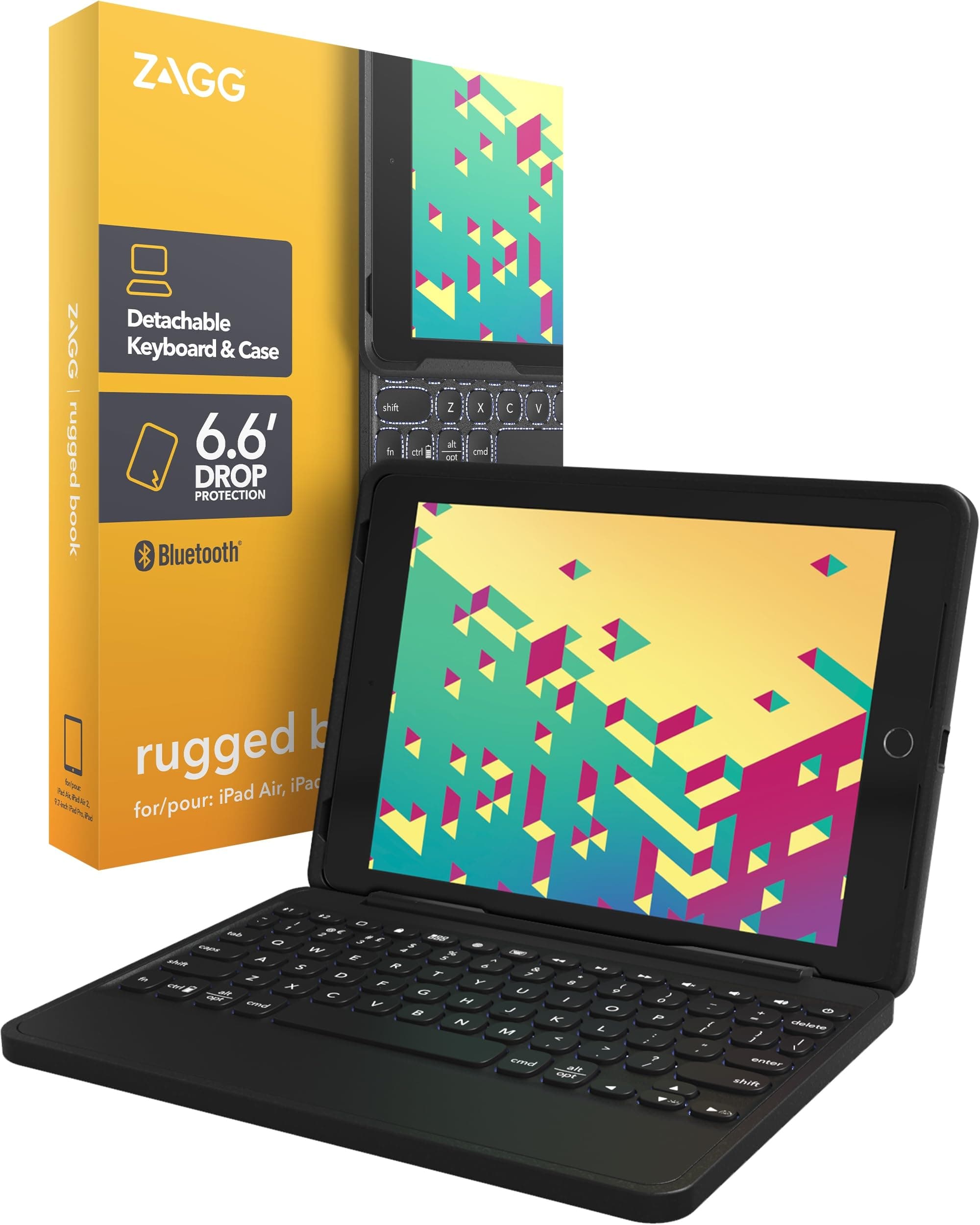 Rugged Book Detachable Case with Magnetic-Hinged Backlit Keyboard for iPad Air/Air 2/9.7/9.7 Pro - Multi-Device Bluetooth Pairing - USB-C to USB-C Cable Included, Black