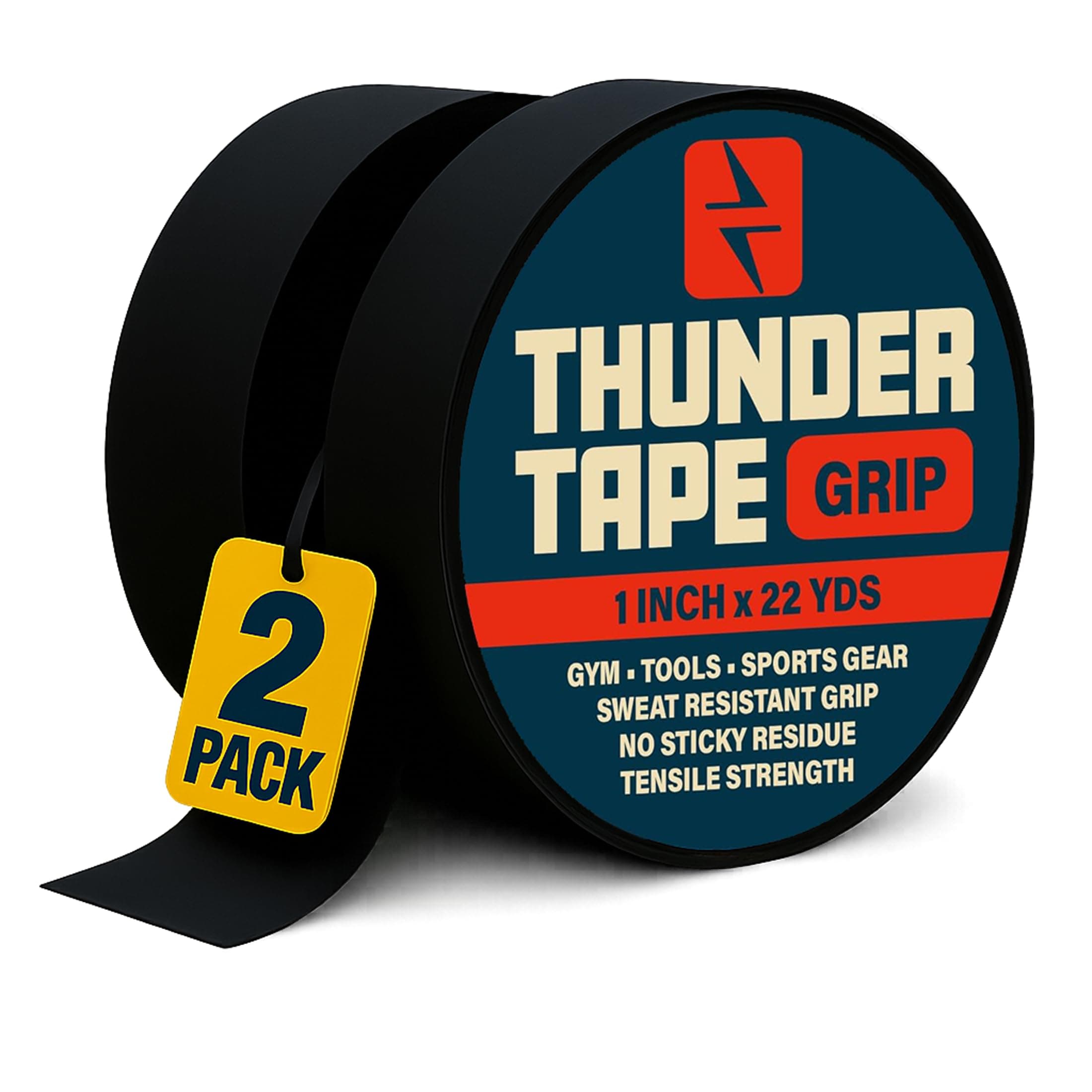 Thunder Tape 2 Pk Grip Tape - Cloth Grip Tape for Pull Up Bars, Sports, Tools, Handles, Bats, Rackets, Gym Equipment, Wire Wrap - No Residue, Sweat Resistant, 1 Inch x 66 Feet Each Roll - Black