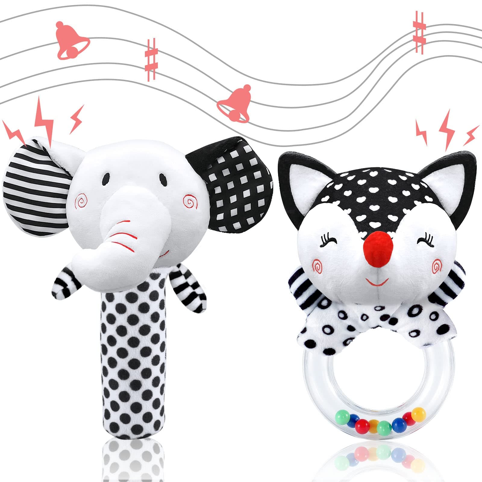 Baby Rattles & Toys - 0-3 Months, High Contrast Black & White Plush Stuffed Toys for Infants