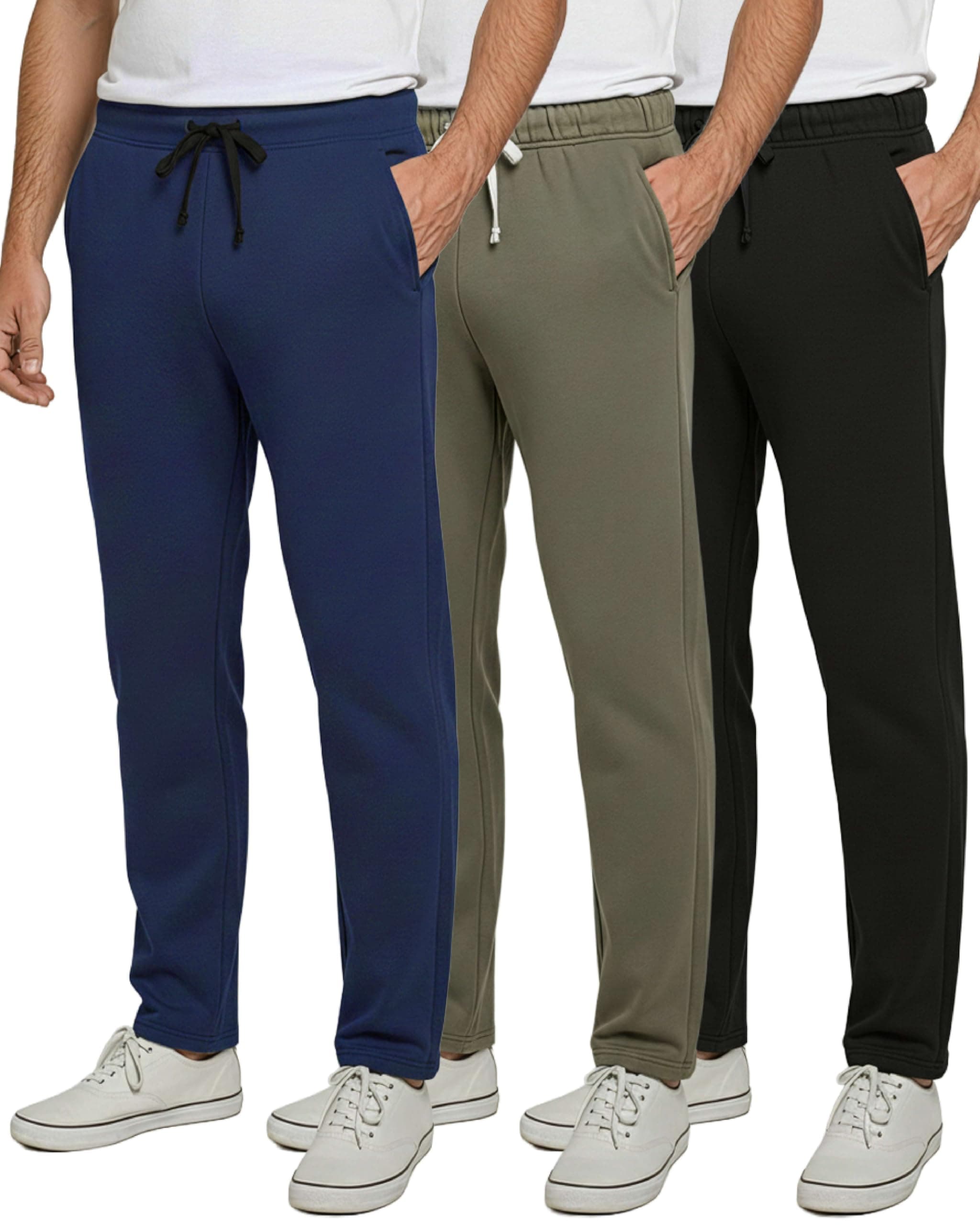 Real Essentials 3 Pack: Men's Tech Fleece Athletic Casual Open Bottom Sweatpants with Pockets (Available in Big & Tall)