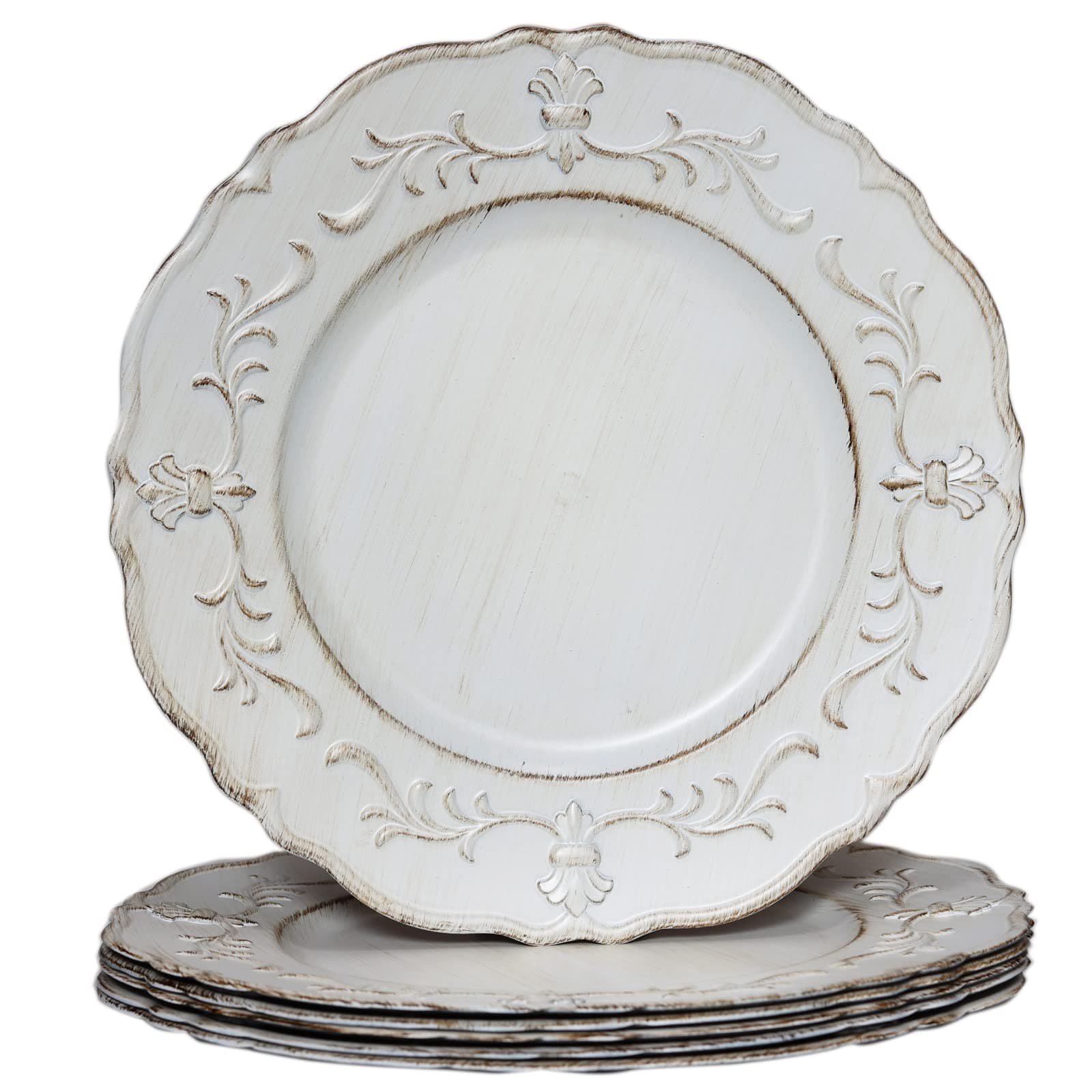 White Antique Charger Plate, 13" Embossed Plastic Table Plate Chargers for Dinner, Set of 6 Elegant Decorations for Wedding, Dining, Party Events.