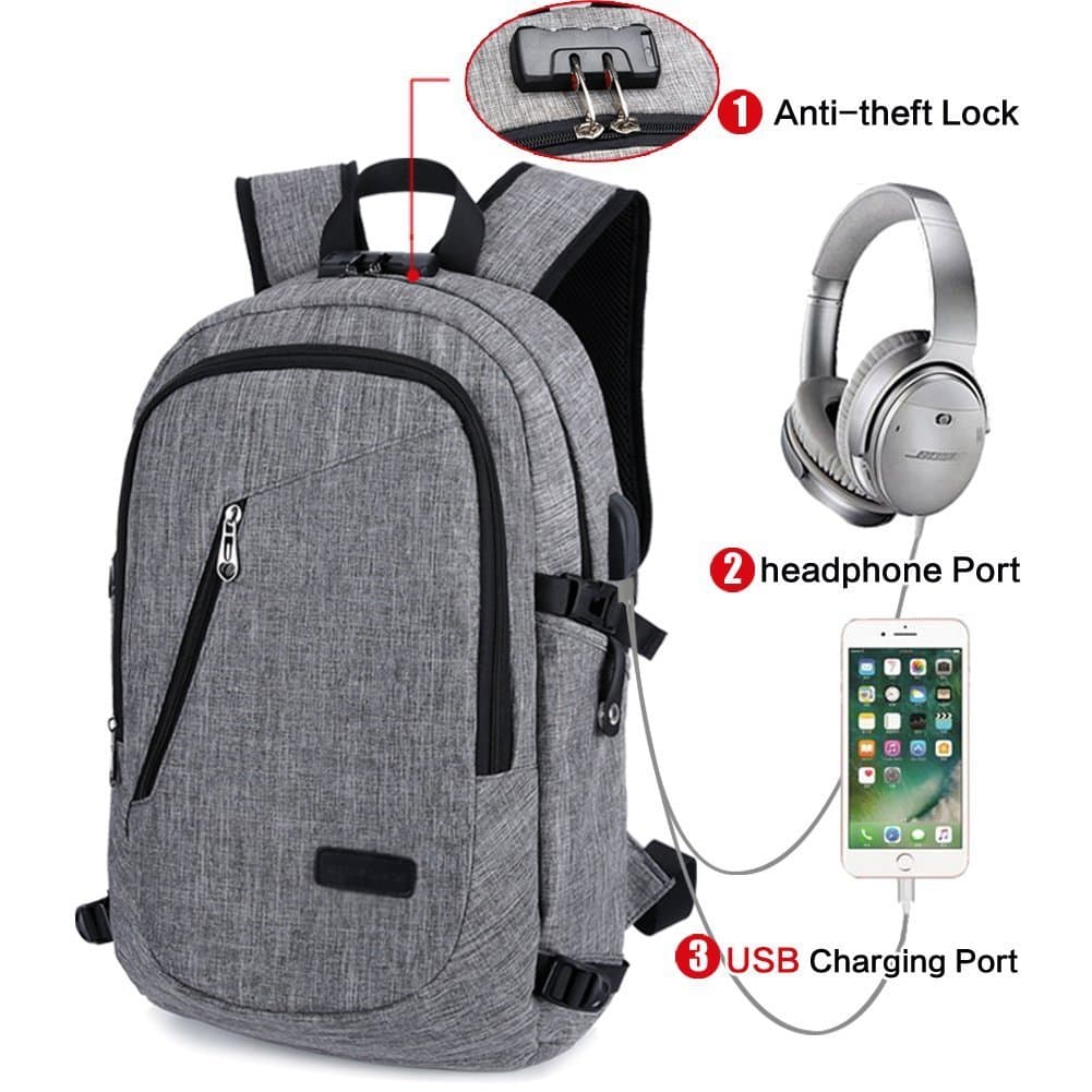 Anti-Theft Waterproof Polyester Laptop Backpack with USB Charging Port and Lock, Fits Under 15.6-Inch Laptop, Business Travel University Computer Shoulder Bag (Gray).