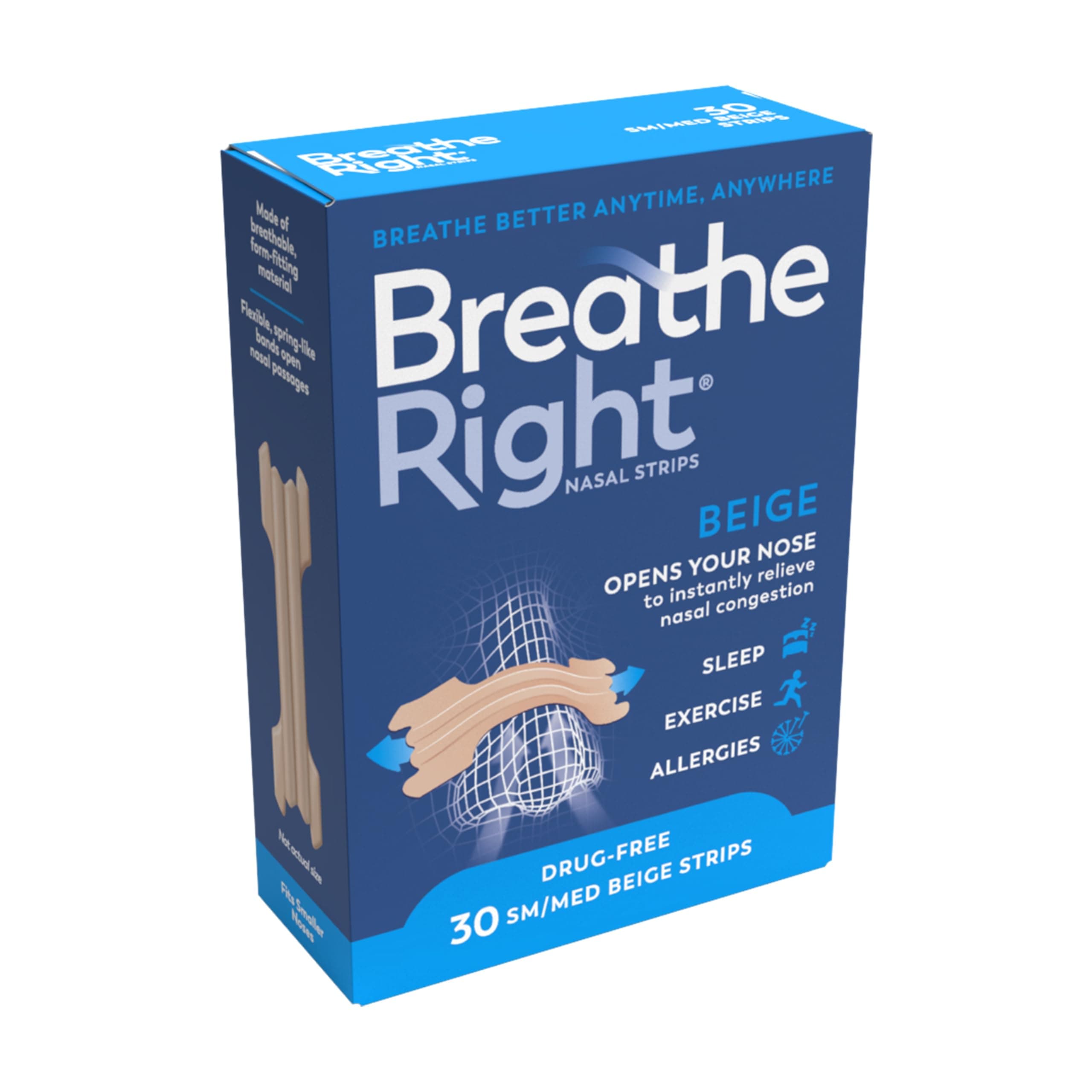 Breathe Right Nasal Strips Original Small/Medium 30s | Instantly Relieves Nasal Congestion | Helps Reduce Snoring | Drug-free