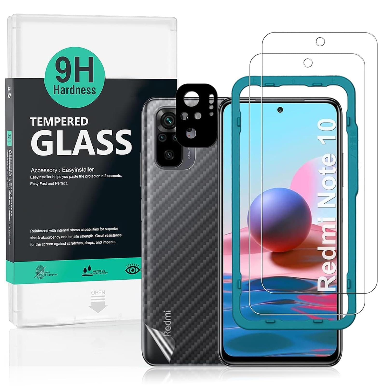 IBYWIND For Redmi Note 10/Redmi Note 10S Screen Protector 6,43",2 Pack 9H Hardness Tempered Glass,With 1Pc Camera Lens Protector,1Pc Back Carbon Fiber Film,Easy to install