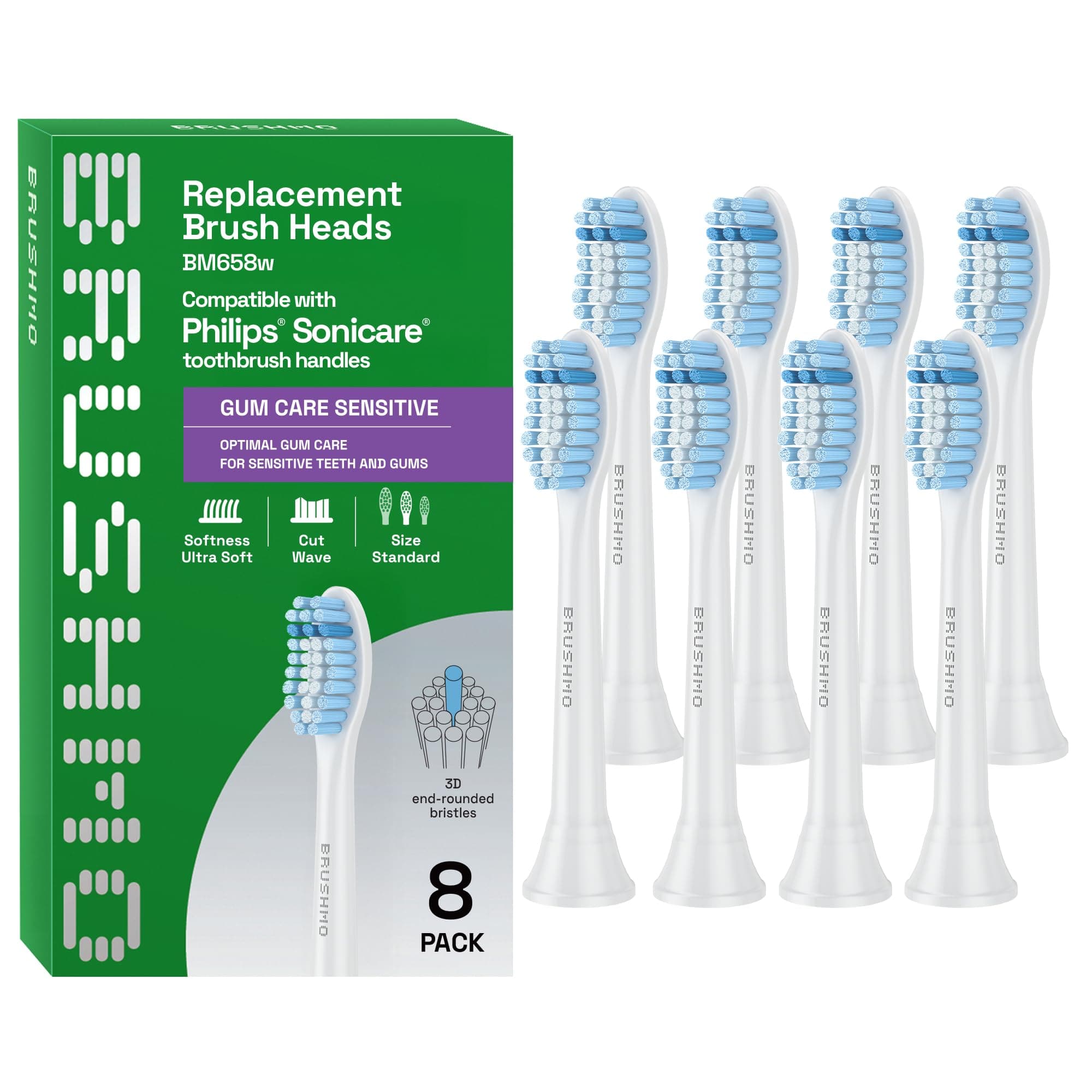 Brushmo Gum Care Sensitive Replacement Toothbrush Heads, Compatible with Philips Sonicare Click-on Toothbrush Handles, 8 Standard Heads, Extra Soft Dupont Bristles for Sensitive Teeth, BM658, White
