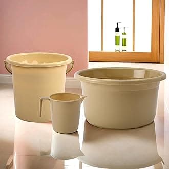 Kuber Industries Plastic Set Of 3 Bathroom Combo Set | Bathing Set | Bathware Set | Tub-Bucket & Mug Combo Set For Bathroom | Modern Bathroom Accessories Set | Beige