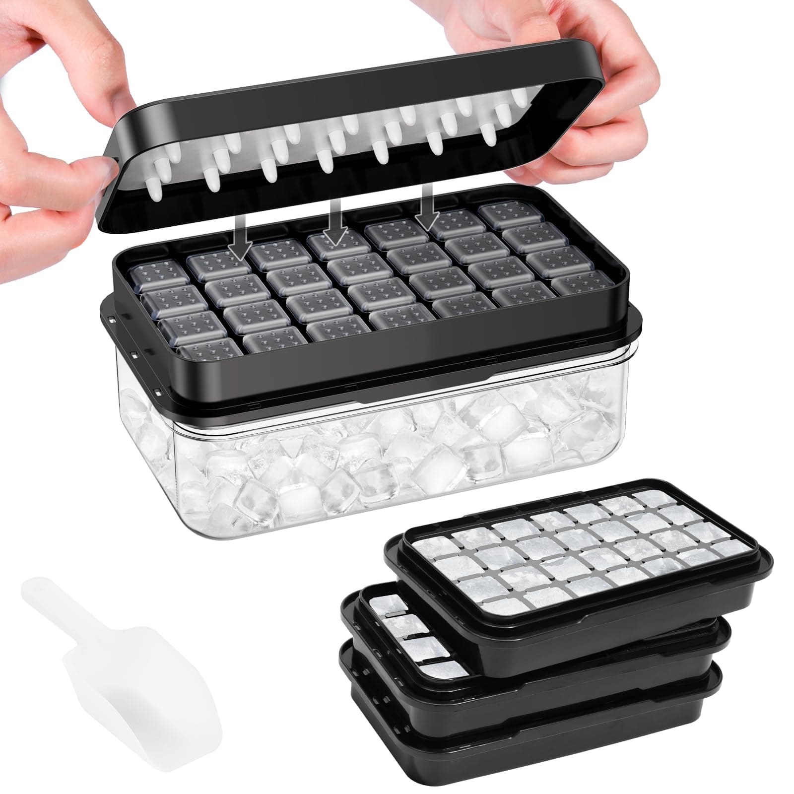 Ice Cube Tray with Lid and Bin, 3 Pack Plastic Ice Cube Tray Molds, 84 pcs Ice Trays for freezer, Chilling Drinks, Whiskey & Cocktails, with Ice Container and Ice Scoop, BPA-Free