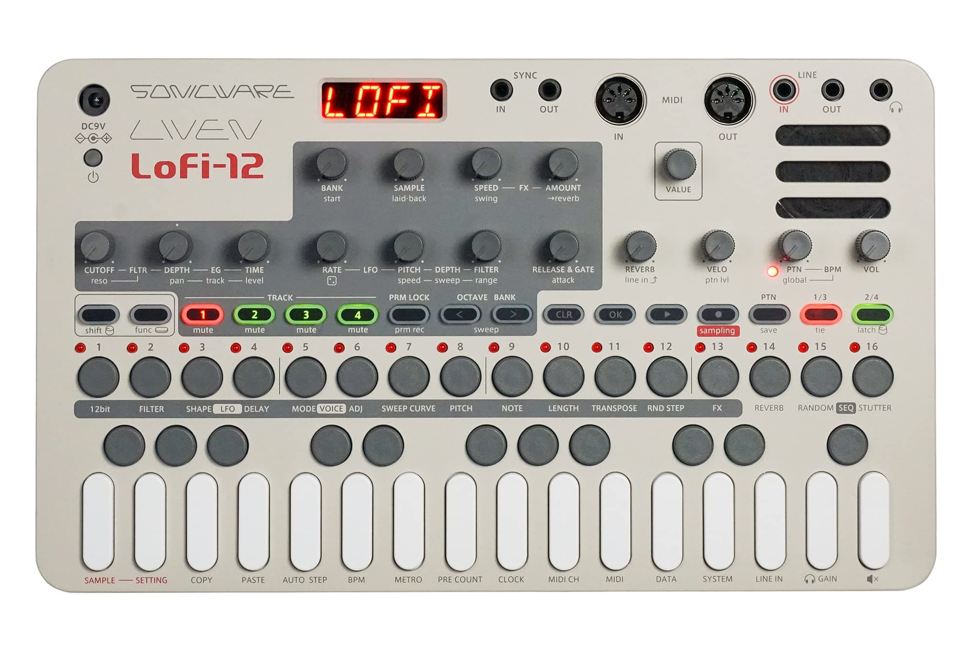 Liven Lofi-12 [Lo-fi Groovebox & Sampler] Retro sampling with 12bit Sampler mode, 4-track step sequencer, 10 voices, 12 Track Effects + 9 Master Effect, Battery-powered, Built-in speaker