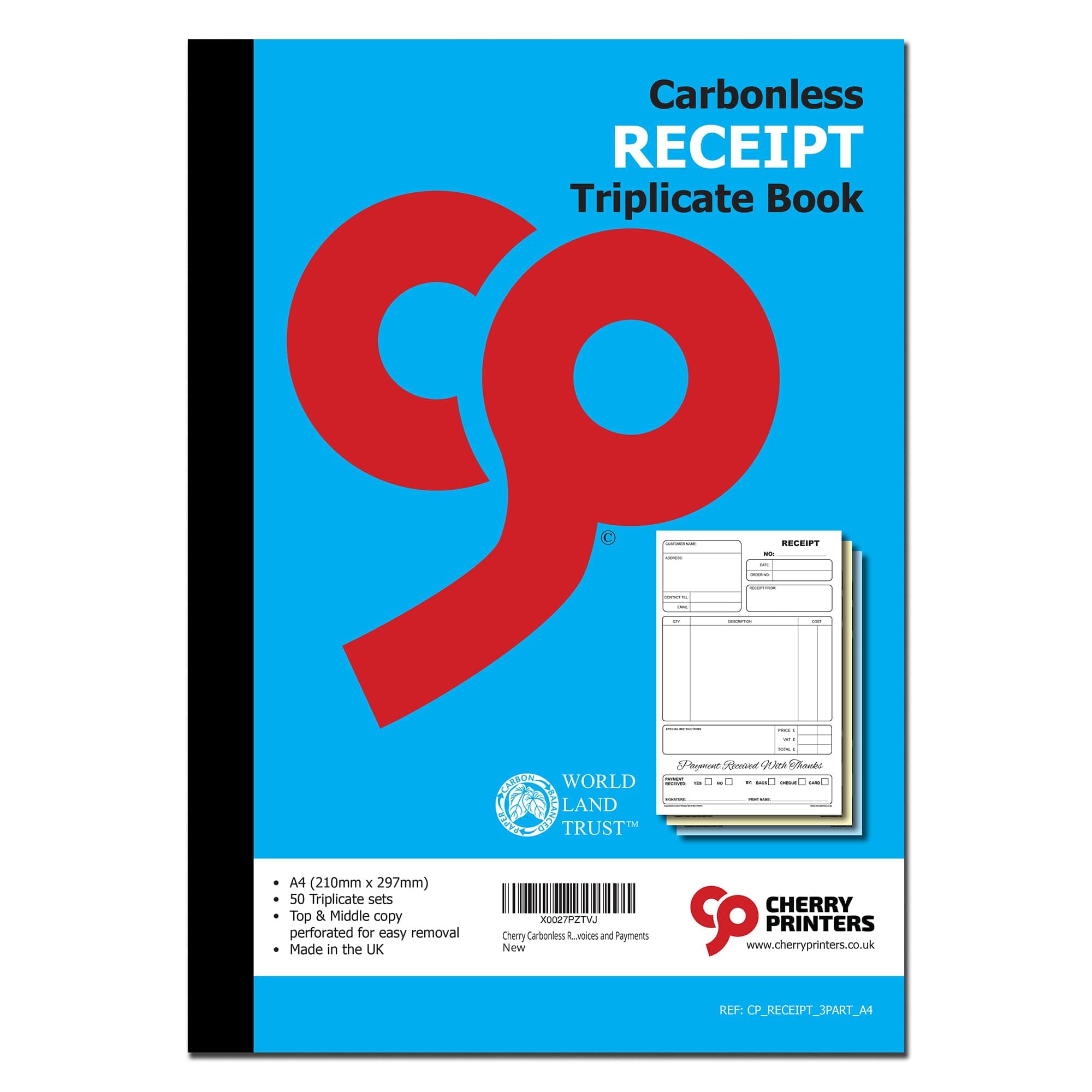 Cherry Carbonless Receipt Book Triplicate Book A4 | 50 Sets | No Carbon Required | Perforated Top and Middle Copy | Made in The UK | Professional Business Receipt Pad for Invoices and Payments