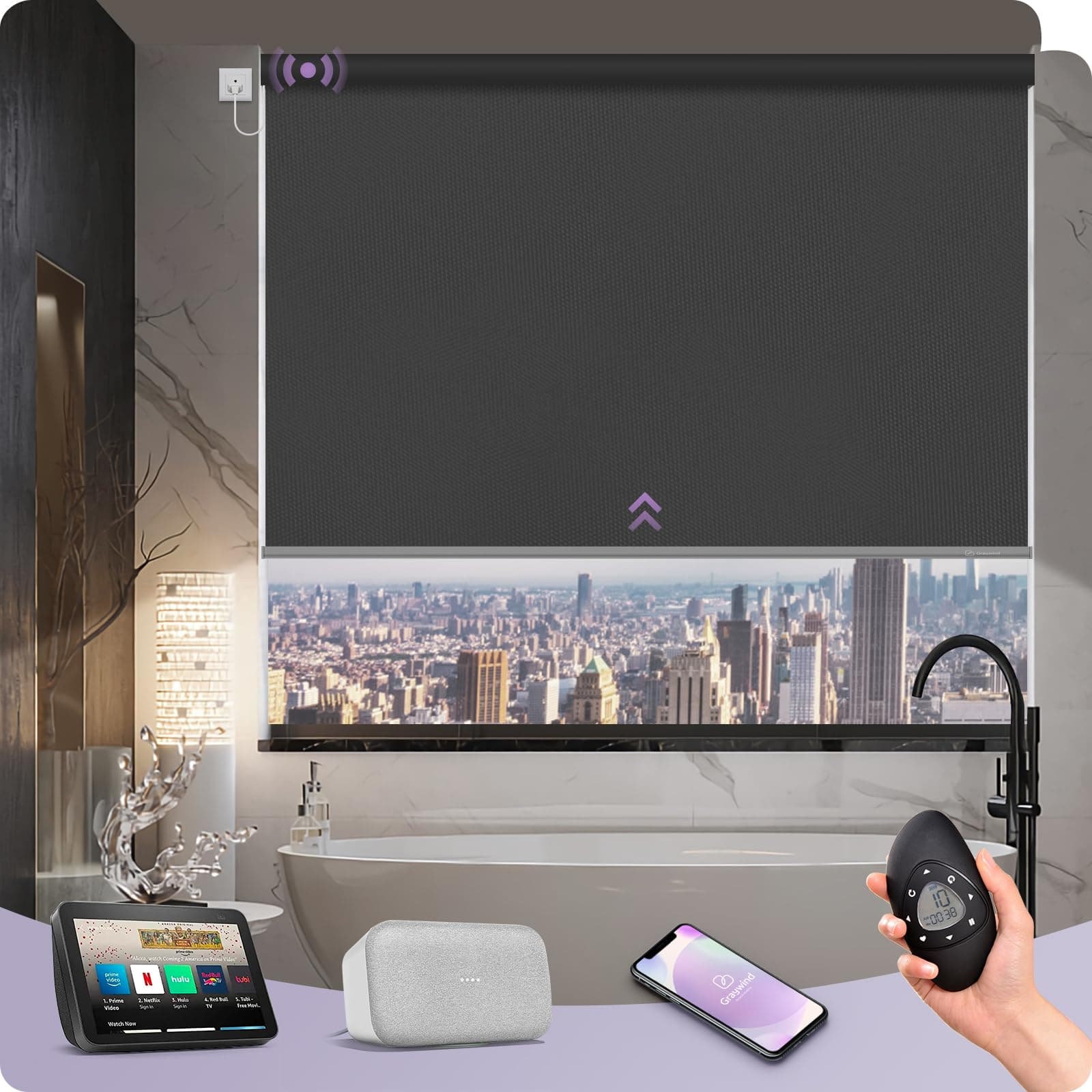 Graywind Motorized Roller Shade 100% Blackout Compatible with Alexa Google Waterproof Vinyl Fabric Remote Control Hardwired Window Shades Window Blinds, Customized Size (Dark Grey)