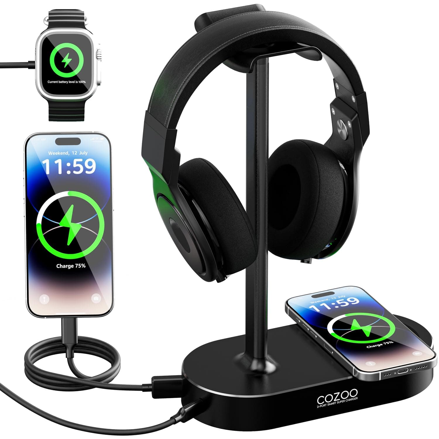 COZOO Headphone Stand with Fast Wireless Charging Pad and 2 USB Charging Ports, Suitable for Gaming, DJ, Wireless Earphone Accessories