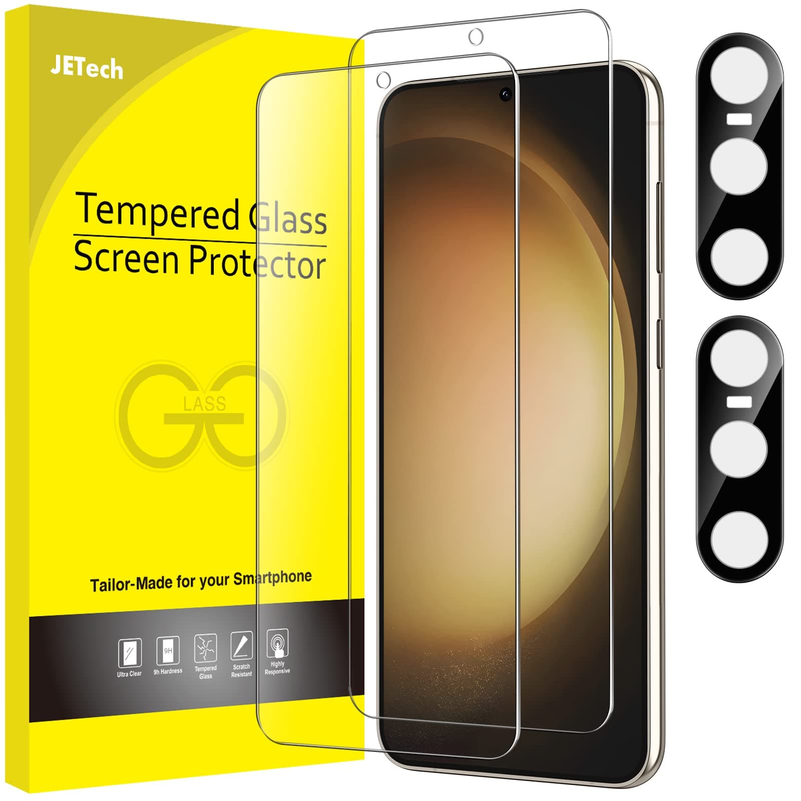 – Screen Protector for Samsung Galaxy S23 5G 6.1-Inch with Camera Lens Protector, Tempered Glass Film, Fingerprint ID Compatible, HD Clear, 2-Pack Each