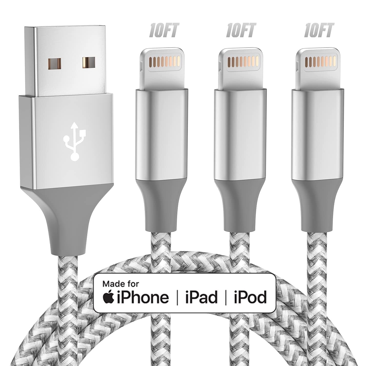 iPhone Charger 3pack 10FT Apple MFi Certified Long Lightning Cable Fast Charging High Speed Data Sync USB Cable Compatible iPhone 14/13/12/11 Pro Max/XS MAX/XR/XS/X/8/7/Plus/6S (Grey White)