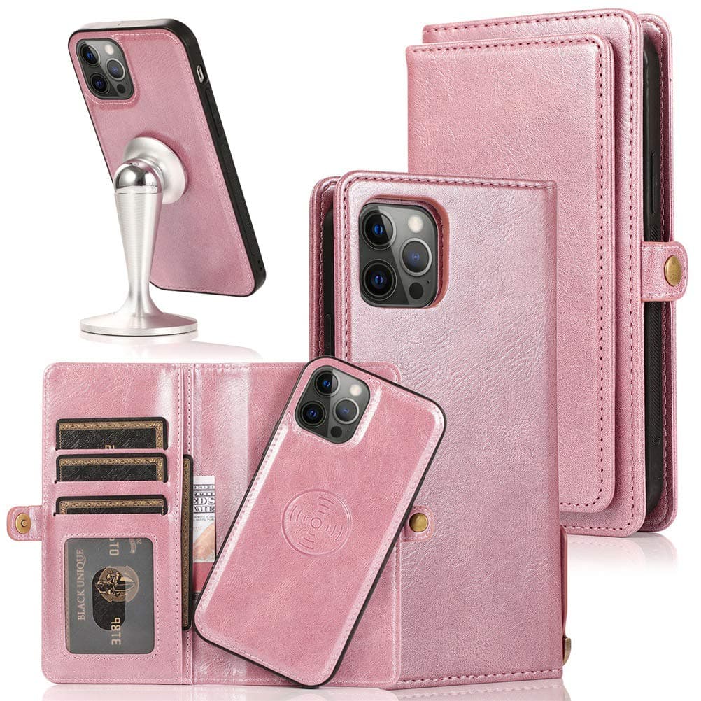 iPhone 12 Pro Wallet Case for Men Purse Case Detachable Flip Case Magnetic Folding Cover with Card Holder Stand Coin Pouch Strap iPhone 12 PU Leather Folio Book Cover Shockproof Phone Case Pink