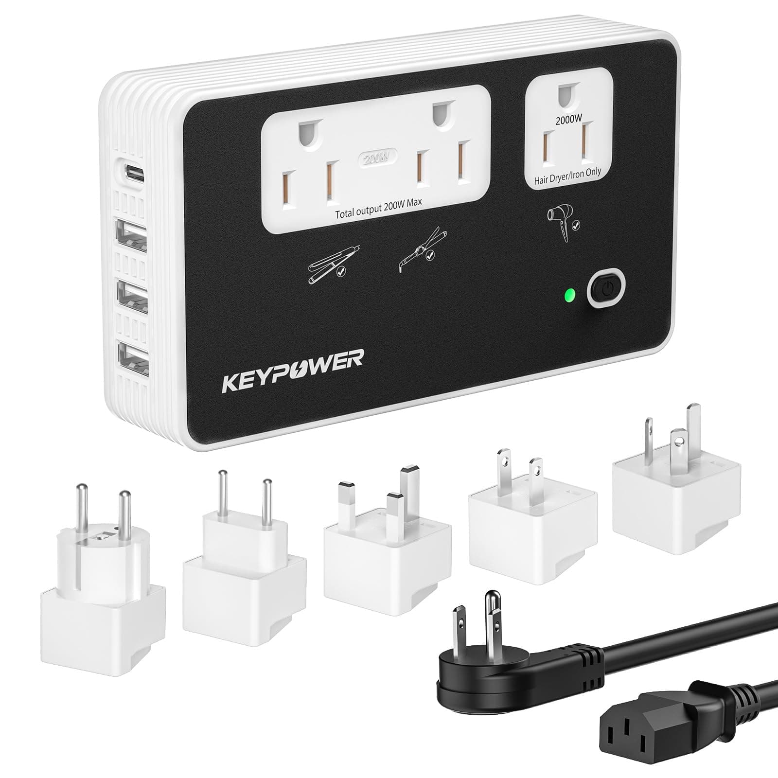 Key Power 2000W Step Down Converter, 220V to 110V Voltage Converter US to Europe, International Universal Travel Adapter with 3 AC Outlets and 4 USB(1 USB C) for Hair Dryer/Straightener.