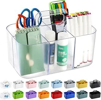 Multiuse Caddy Organizer with Handle, Portable Plastic Tote Bin - Art Craft, Stationary Pen Marker Crayons, Makeup Hair Supplies Storage - Bathroom, Classroom, Dorm, Office, Desk Holder -Frosted Clear