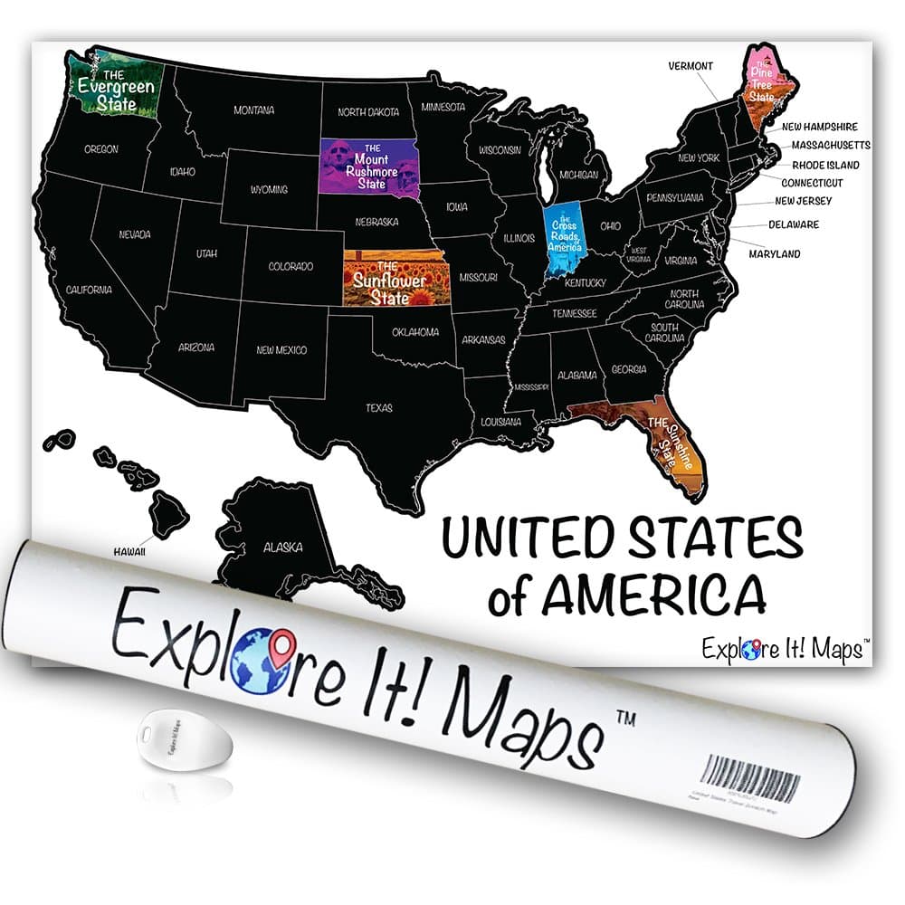 Scratch Off Map of US (USA) for Tracking Travel with State Images & Nicknames | Large 18x24inch Ready-to-Frame | Bonus: Scratch Tool Included