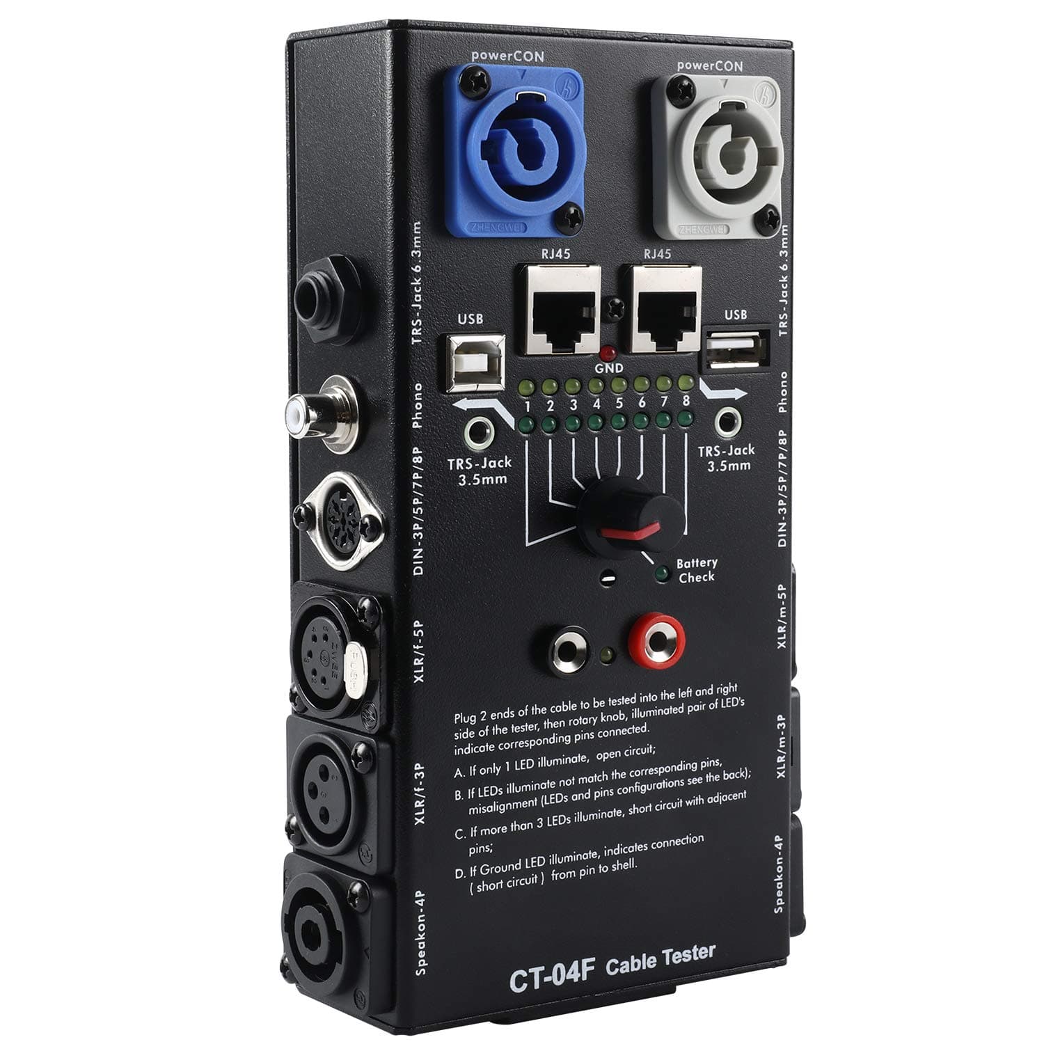 MFL. 13-Plug Audio Cable Tester Line Finder Black 13-in-1 Cables Checker 8-Way Switch Wire Tracker with LED Indicators, Rectangular