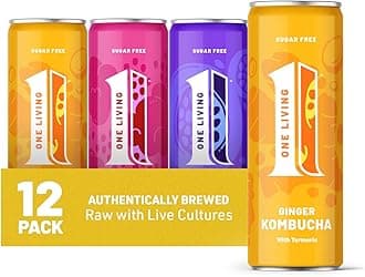 One Living Kombucha Drink - Mixed Pack - 12 x 250ml Cans - Ginger, Raspberry, Passion Fruit - Sugar Free, Great Tasting Kombucha with Live Cultures - Lightly Sparkling, 100% Natural, Vegan