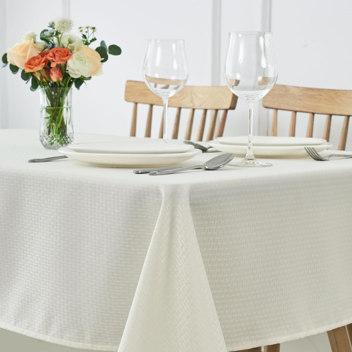 maxmill Square Jacquard Tablecloth Waterproof Spillproof Wrinkle Resistant Soft Weaved Design Table Cloth for Dinner and Party Washable Fabric Cover, Indoor and Outdoor Use, 60 x 60 Inch, Ivory