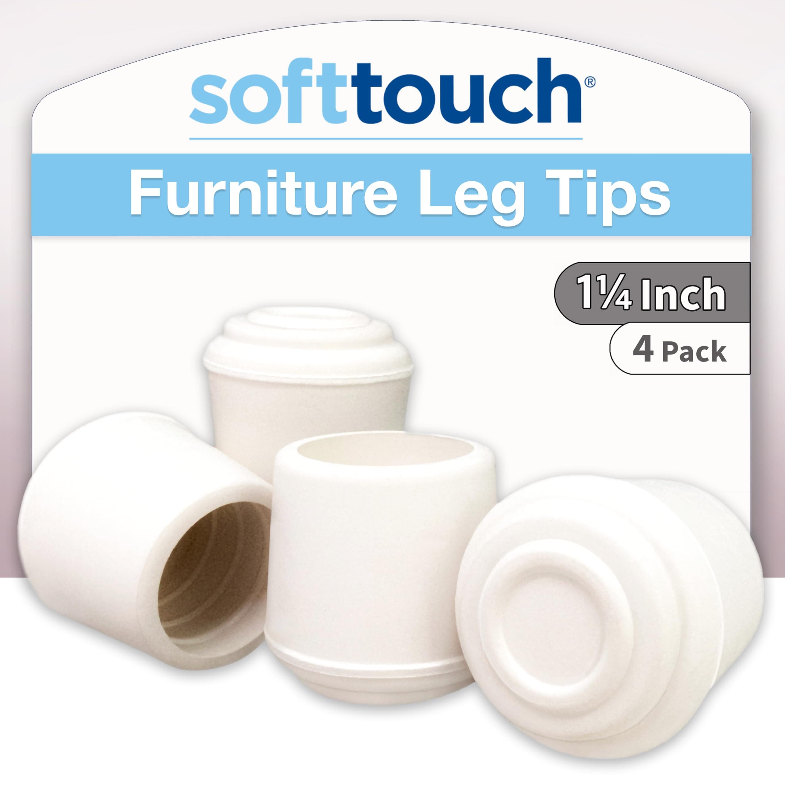 SoftTouch 1-1/4" Round Non-Marking Rubber Slip-On Chair Leg Tips, Nonslip Protective Furniture Leg Caps for Chairs, Stools, and Tables on Hard Surfaces, Set of 4, White