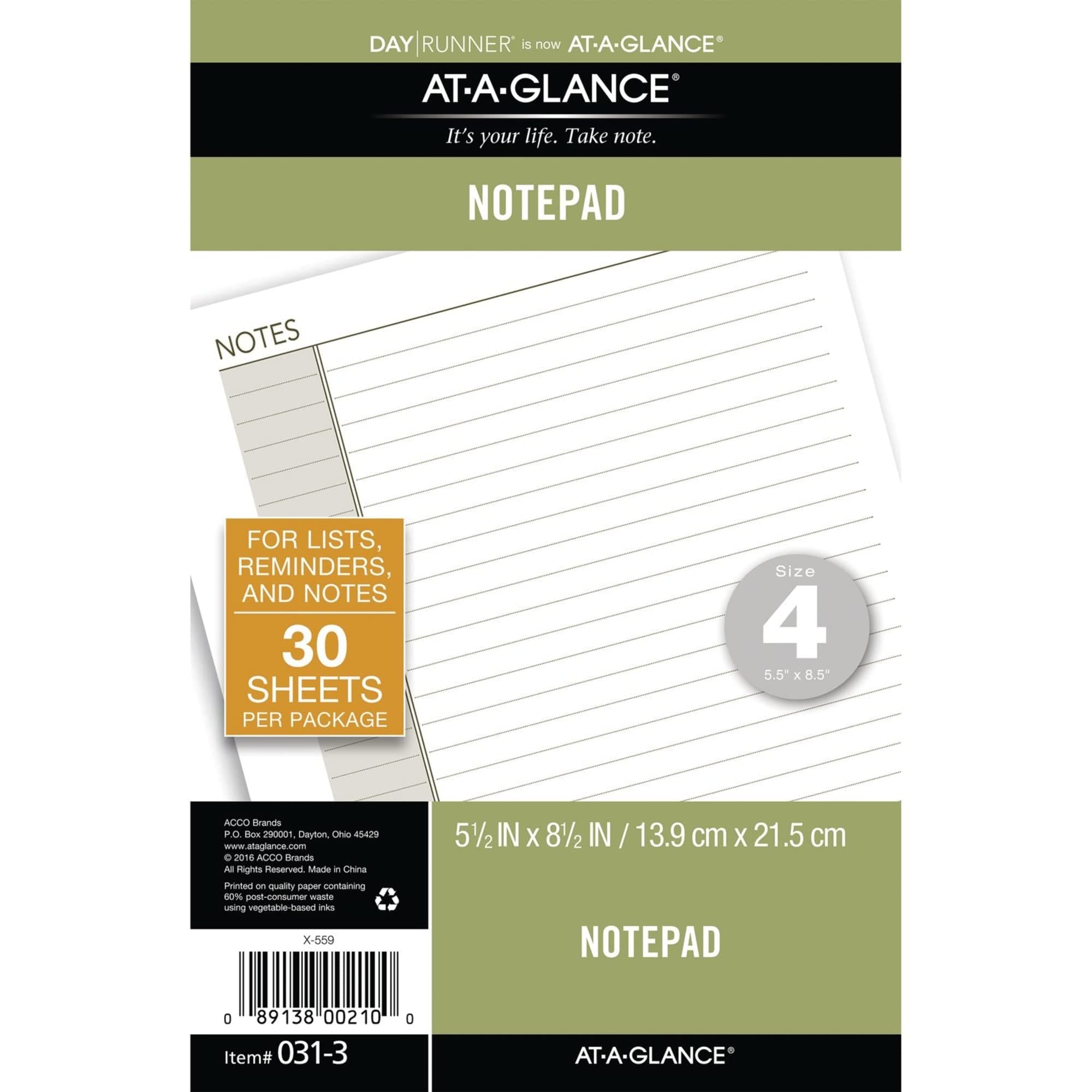 Day Runner Lined NotePad Pages, 87275 DAY-TIMER, Refill, Loose-Leaf, Undated, for Planner, 5-1/2" x 8-1/2", Size 4, 32 Sheets/Pack (031-3)