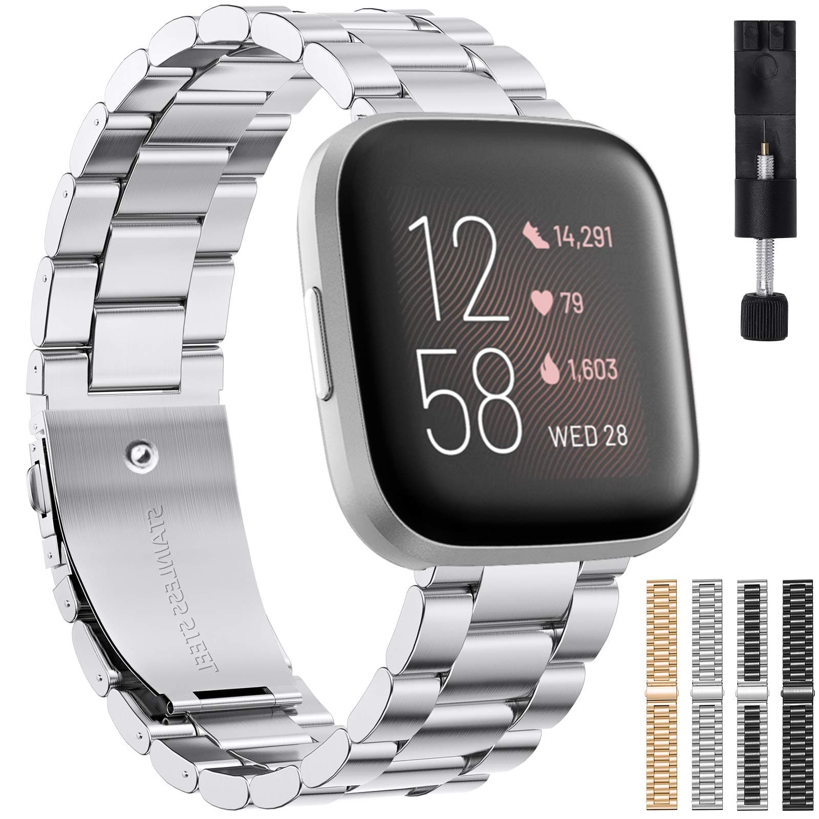 LiwinMetal Band Compatible with Fitbit Versa 2 / Versa/Versa Lite (Not for Versa 3 / Sense), Bands for Men Women, Replacement Stainless Steel Bracelet Wrist Bands Strap Accessory, Silver