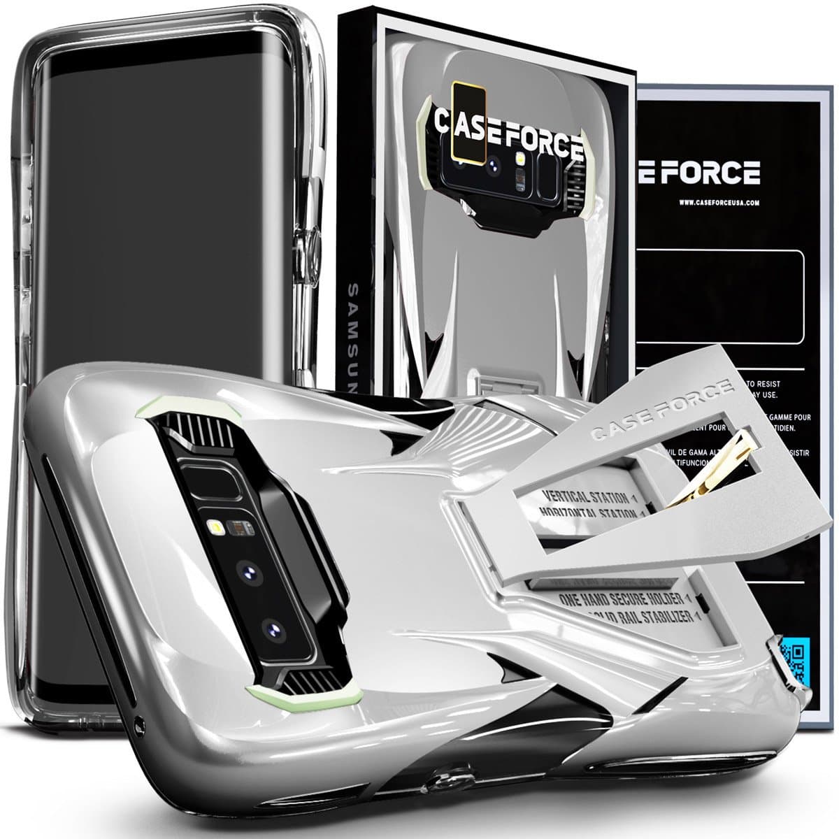 CASE FORCE Note 8 Case [Velocity Series] Best Ultimate for Girls Women Men, Kickstand Heavy Duty Military Grade Drop Protection,Clear TPU Unique Custom Design Cover (Silver)