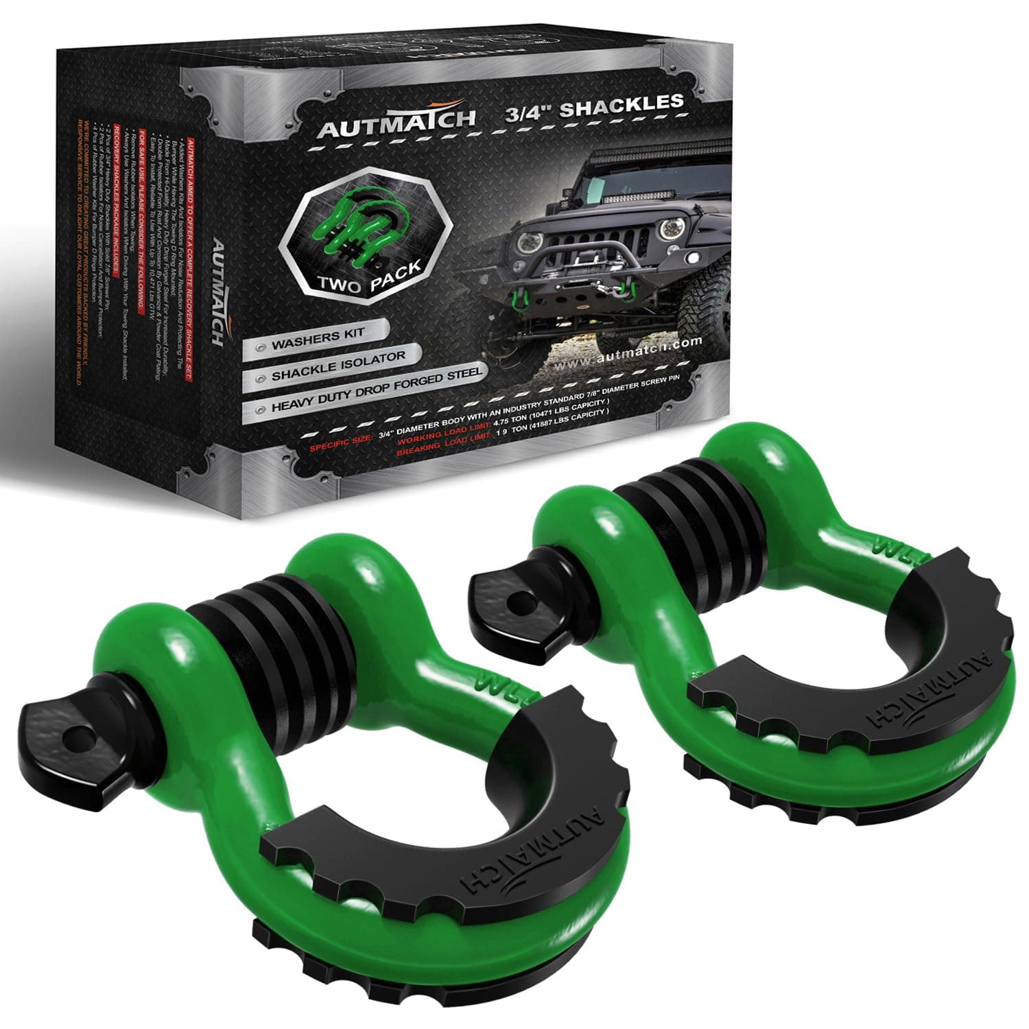 AUTMATCH 3/4" D Ring Shackles (2 Pack) 41,887Ibs Break Strength with 7/8" Screw Pin and Shackle Isolator Washers Kit for Tow Strap Winch Off Road Vehicle Recovery Dark Green & Black