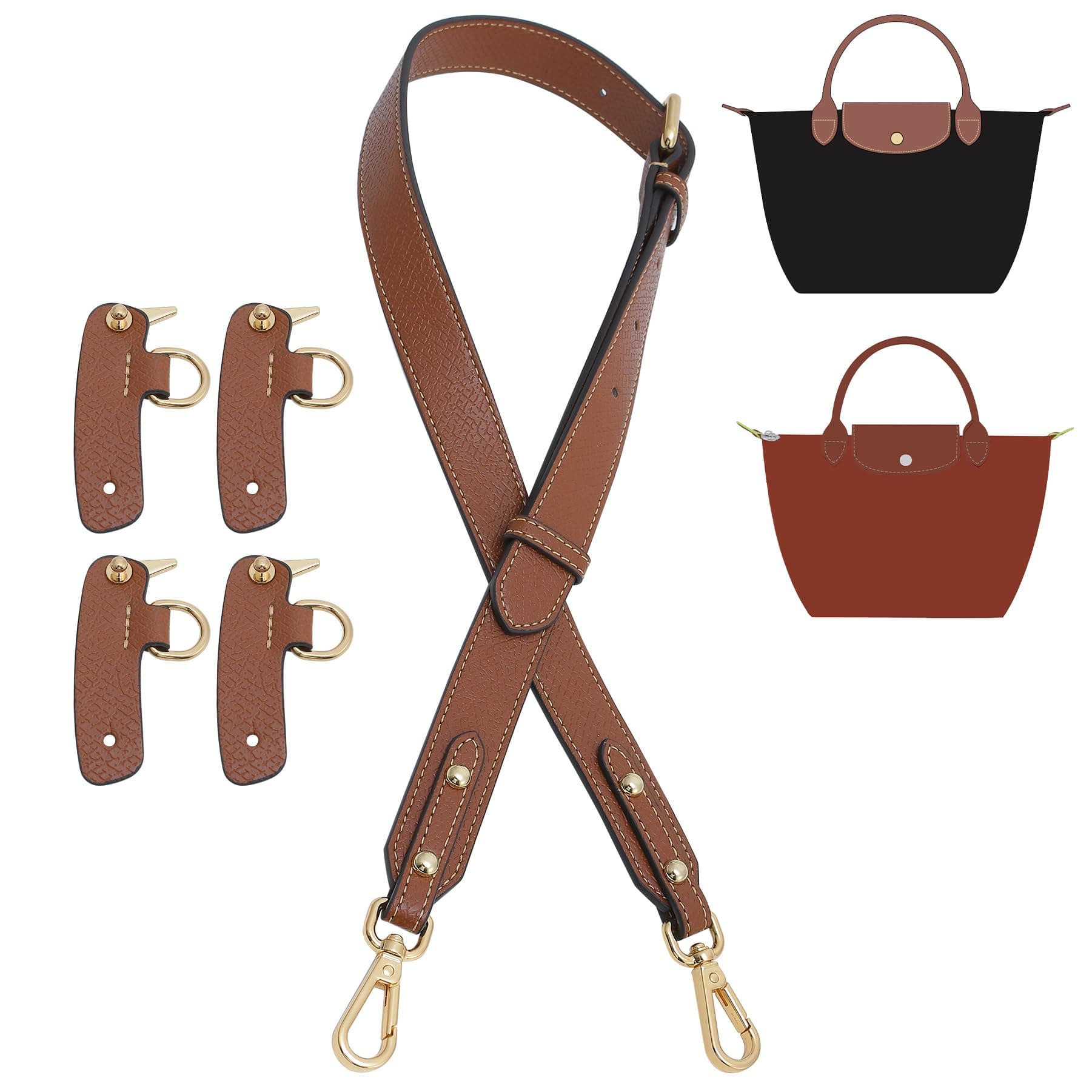 Upgraded 4 Buckles Purse Strap Replacement Compatible with Longchamp S/M Bag, Anti-Slip Leather Bag Straps Conversion Kit, Handbags Crossbody Shoulder Strap 34-48'' Adjustable for Women(Brown)
