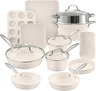 Hammered 15Pcs Ceramic Cookware Set Nonstick, Induction Pots and Pans Set Non Stick with Bakeware Set & Steamer for Cooking, Non Toxic PFOA PFOS Free, Oven & Dishwasher Safe, Cream White