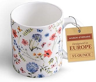 Maison d' Hermine Coffee Mug with Handles Fine Bone China Mugs Pack of One Tea Cups for Hot Beverages Cappuccino Latte Home Restaurant Office Perfect for Gift (Just Floral - Blues 'N Redz, 15 Ounce)