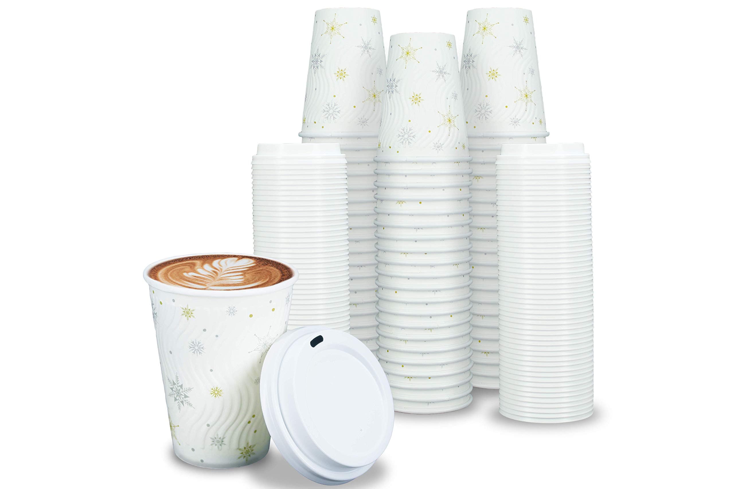 [400 SET]Harvest Pack 12 oz Christmas Coffee Cups, White Snowflake Winter Disposable Paper Cups, Insulated Ripple Wall Paper Cups with Lids, XMAS Gold and Silver Foil, Hot Chocolate To go