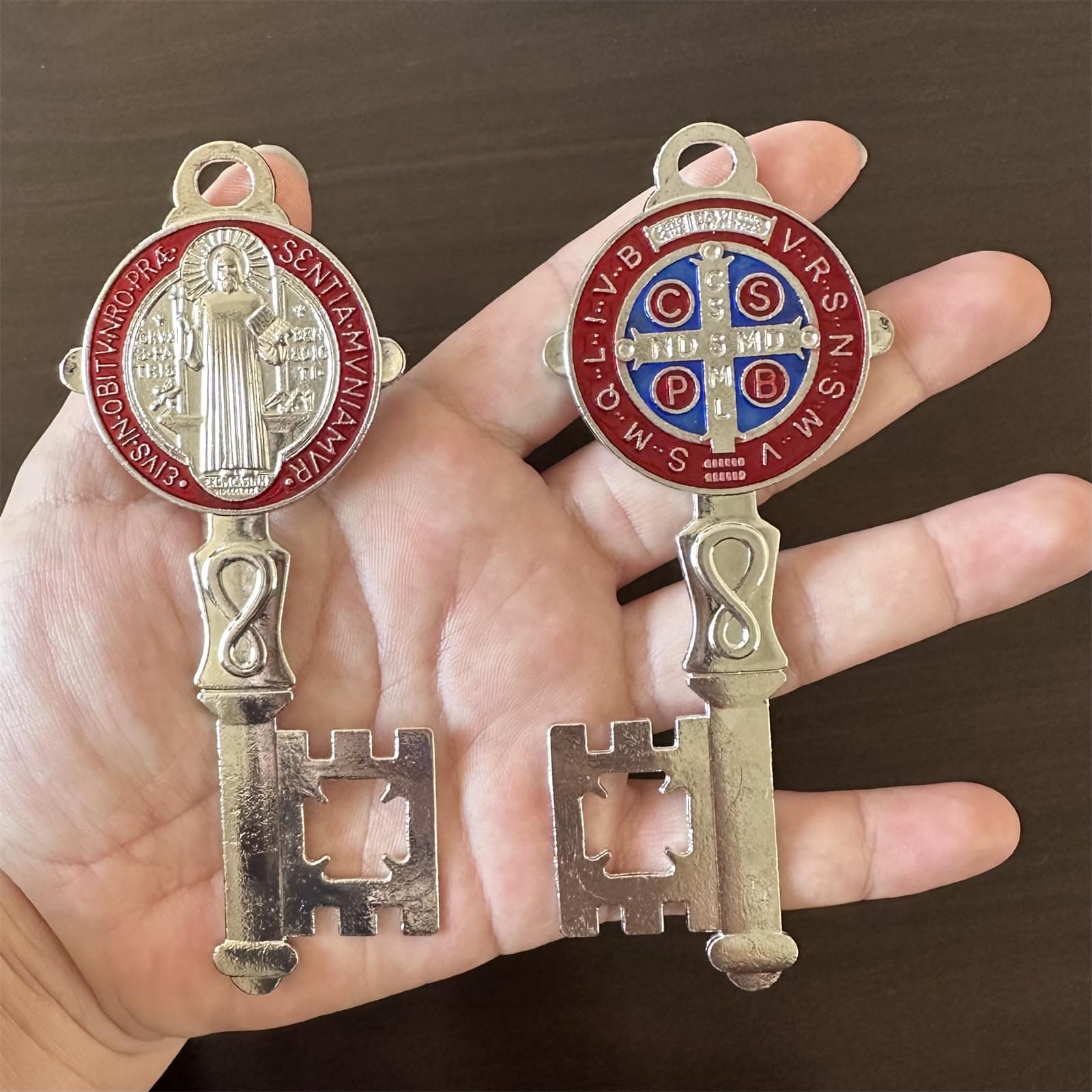 2Pcs/Set Enamel Double Side Saint Benedict 4.9inchX2.9inch Key Blessing For Protection - Medalla de san benito Home and Door hanger - Wall Hanger Catholic Easter Day Gifts San Benito Gift
