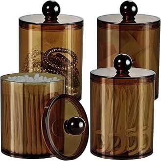 SheeChung 4 Pack Plastic Acrylic Bathroom Vanity Countertop Canister Jars with Storage Lid, Apothecary Jars Qtip Holder Makeup Organizer for Cotton Balls,Swabs,Pads,Bath Salts (Amber)