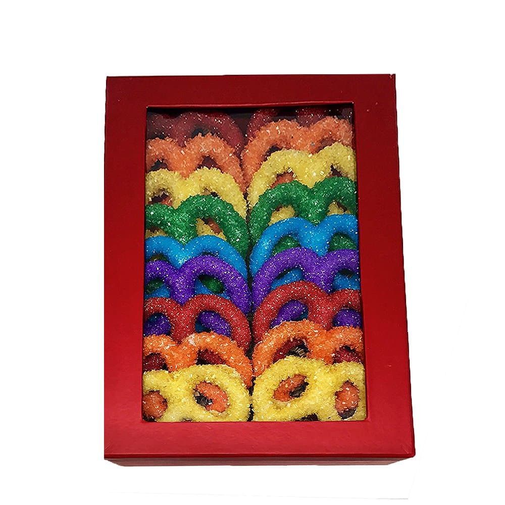 Rainbow Colored White Chocolate Covered Pretzel Twist White/Red box,16 count