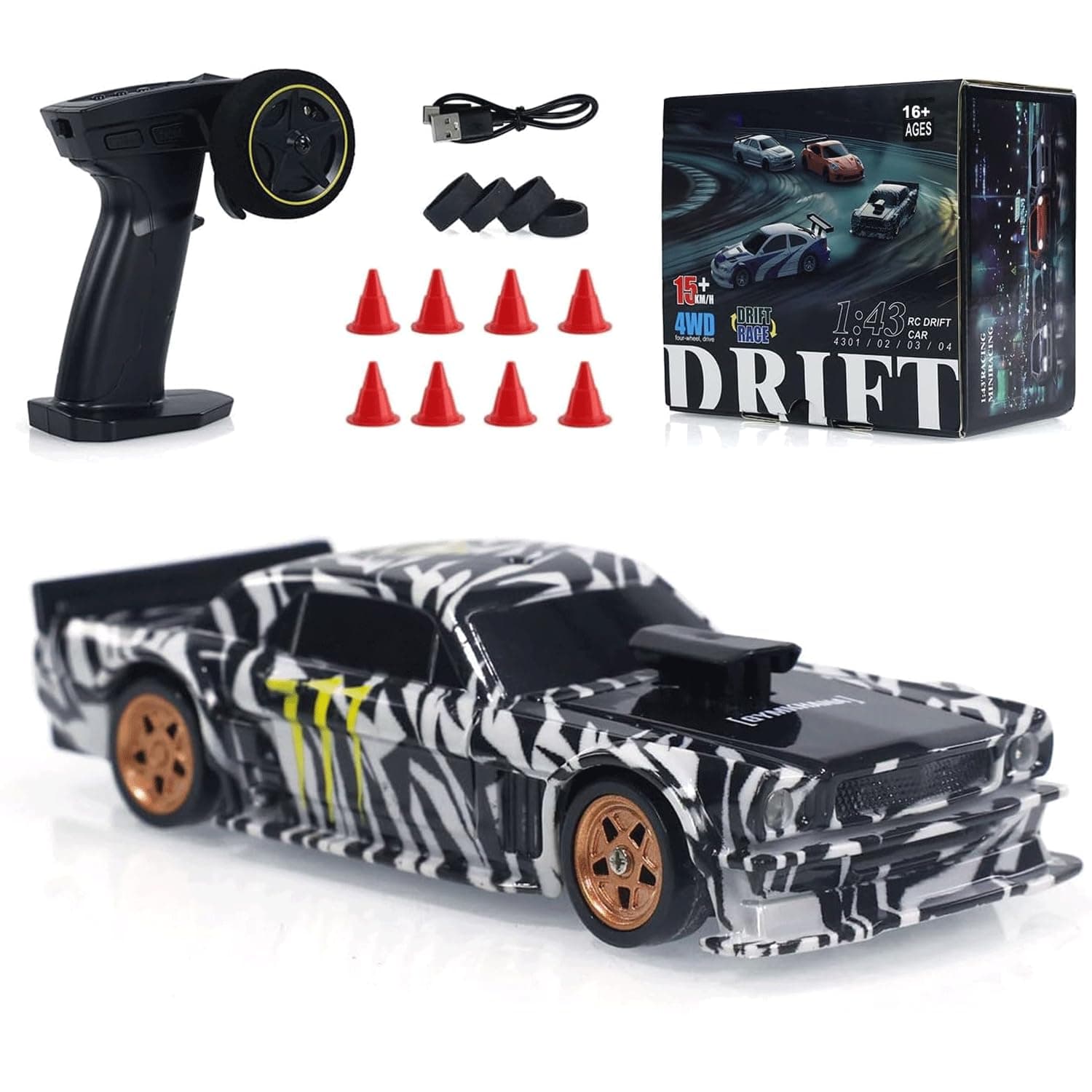 1/43 Scale Mini Racing Drift RC Car with Lights, 2.4G Electric 4WD High-Speed Remote Control Sports Car, Full Proportional Vehicle for Boys Adults Teen - RTR Version/Black White