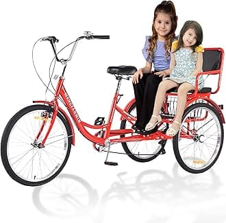 Adult Tricycle Foldable with Child seat 3 Wheel Bicycle for Ladies Tricycle with Basket with Back seat 20/24in Bikes Maximum Load 550lbs Shock Absorbing Fork Adult-Unisex (24in-7speed-red)