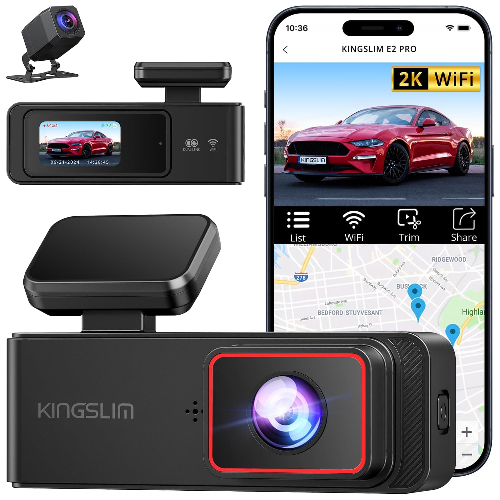Kingslim Dash Cam Front and Rear 2K+1080P, Mini WiFi Dash Camera for Cars Dual Dashcam Parking Monitor, Loop Recording, Car Camera Support Max 256GB (E2PRO)