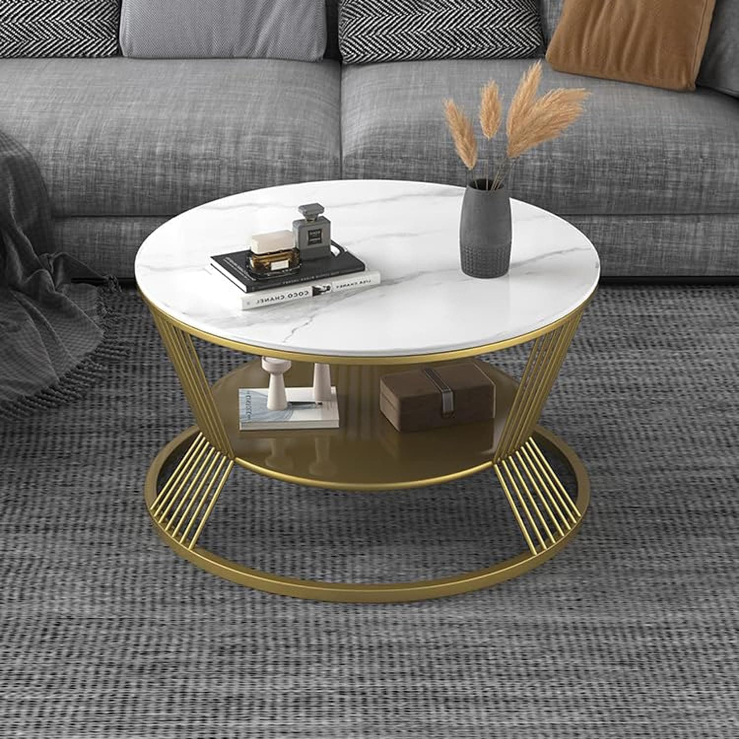 RIZIK STORE™ Metal Base Handmade Round Coffee/Nesting/Side/Center Table with Marble Finish Wooden White Top for Living Room/Drawing Room/Balcony Gold (White & Gold)