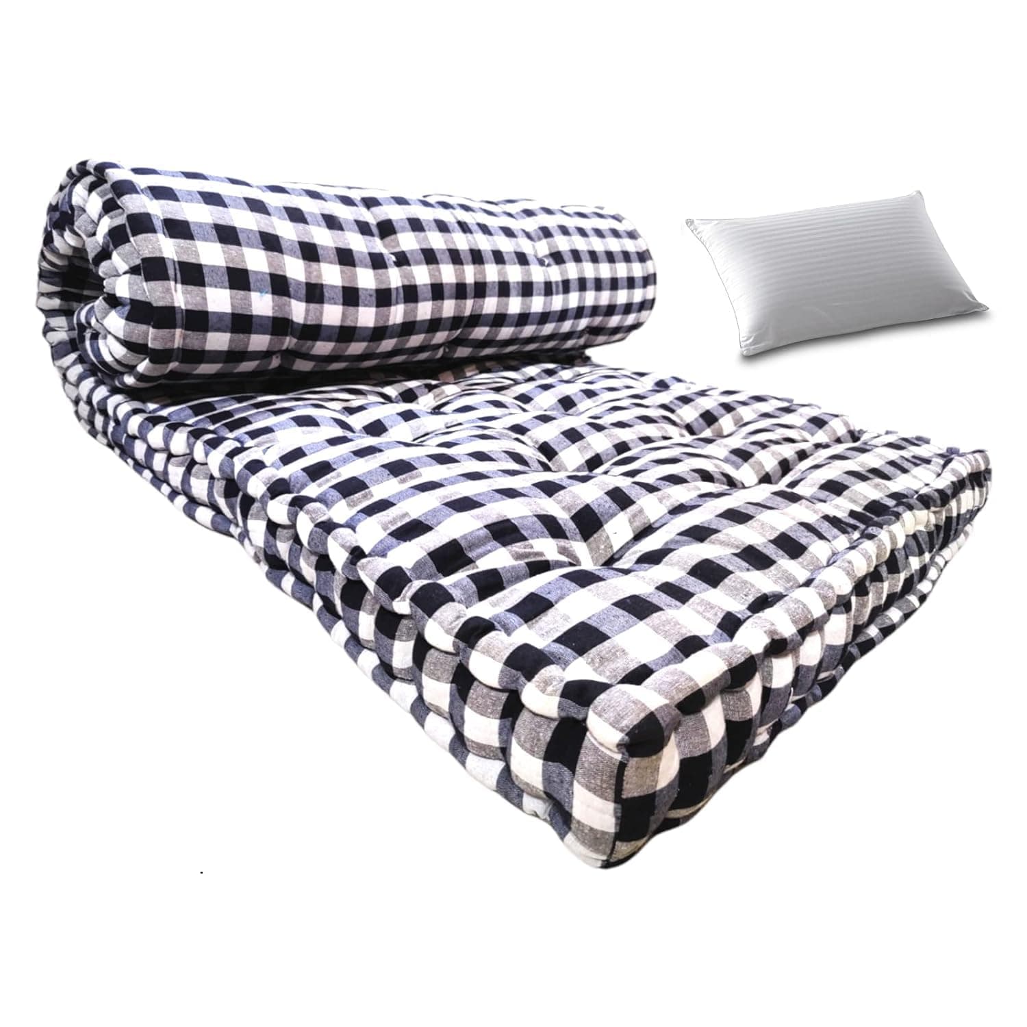 5-Inch thick Soft Cotton Box Mattress | Medium Firm Single Bed Mattress with Pillow | Black and White (Super King(6X6ft or 72X72 Inches))