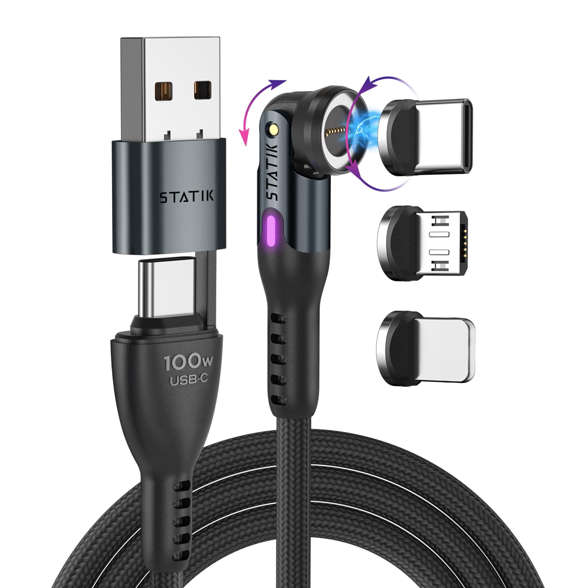 Statik 360 Pro Magnetic Charging Cable - Type C Charger Fast Charging 3 in 1 USB C to USB C Cable, Micro USB & iProduct Tips, USB A Adapter, Fits All Devices - 100W Fast Charger, Black 10FT/3M