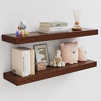 QueenFun 32 Inch Walnut Floating Shelves, 8 Inch Deep Floating Shelves Wall Mounted, Thick Wooden Shelf with 50LB Load-Bearing for Living Room Kitchen Bathroom