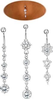 JOERICA 3-6Pcs 14G 316L Stainless Steel Belly Button Rings for Women Flower CZ Dangle Belly Button Rings Navel Piercing Jewelry, Stainless Steel, cubic-zirconia