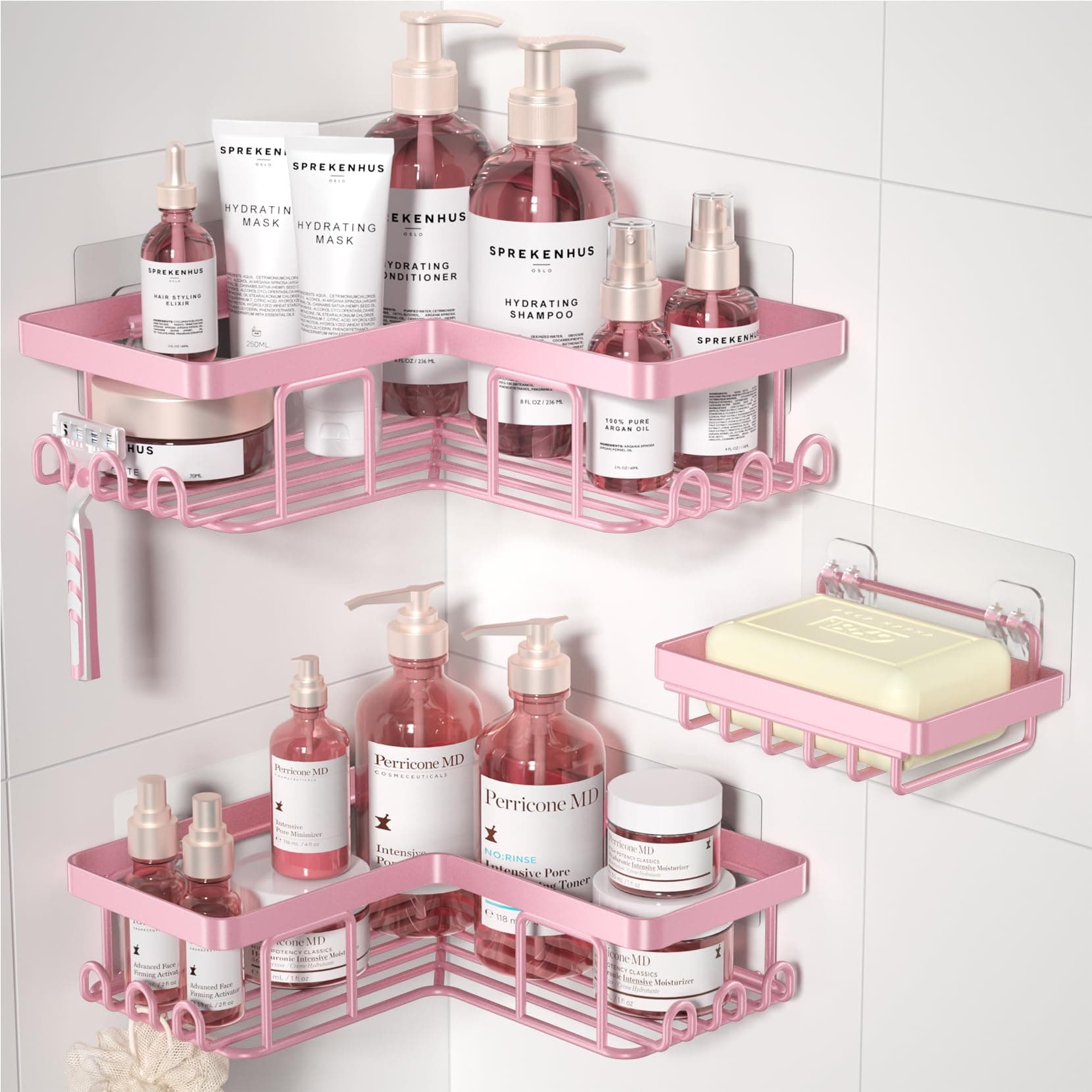 YASONIC Corner Adhesive Shower Caddy, with Soap Holder and 12 Hooks, Rustproof Stainless Steel Bathroom Organizer, No Drilling Wall Mounted Rack, Pink, 3-Pack