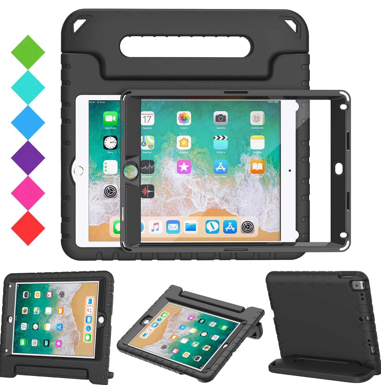 SuromKids Case with Screen Protector for iPad 9.7 Inch 2018/2017,iPad Air 2, Shockproof Convertible Handle Stand Kids Case for iPad 9.7 2017/2018 (iPad 5th and 6th Generation),iPad Air 2, Black