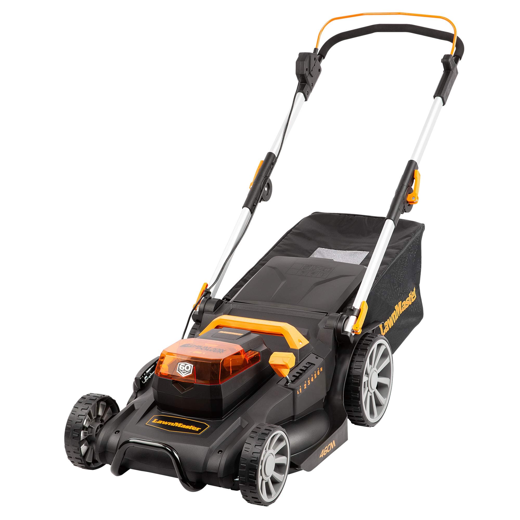 Lawnmaster Cordless Lawnmower 46cm Cut Width with 60V Max 5.0Ah Battery & Fast Charger | Powerful Petrol Alternative with Rear Roller, Grass Box & Mulching Black & Orange, CLMFR6046A